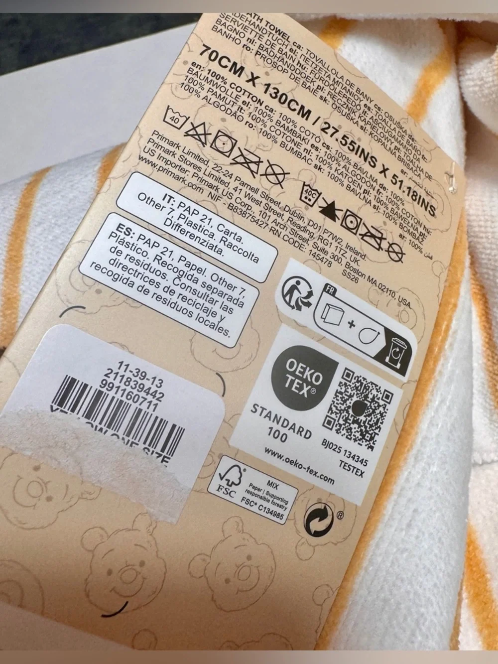 NWT Primark Disney Winnie the Pooh graphic bath towel. Yellow & white striped